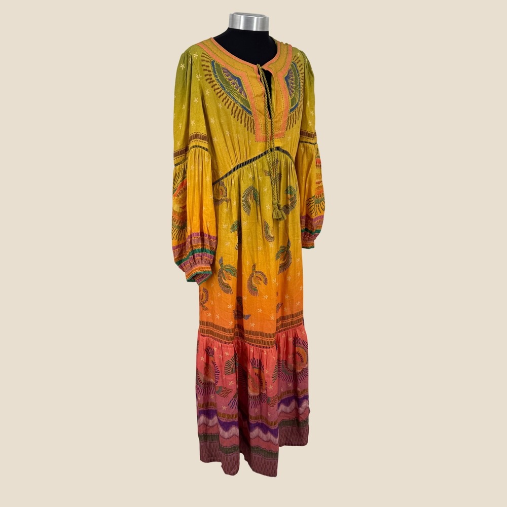 Farm Rio Yellow Ombre Bird Print Metallic Lurex Maxi Dress Womens Medium Boho - Picture 4 of 16